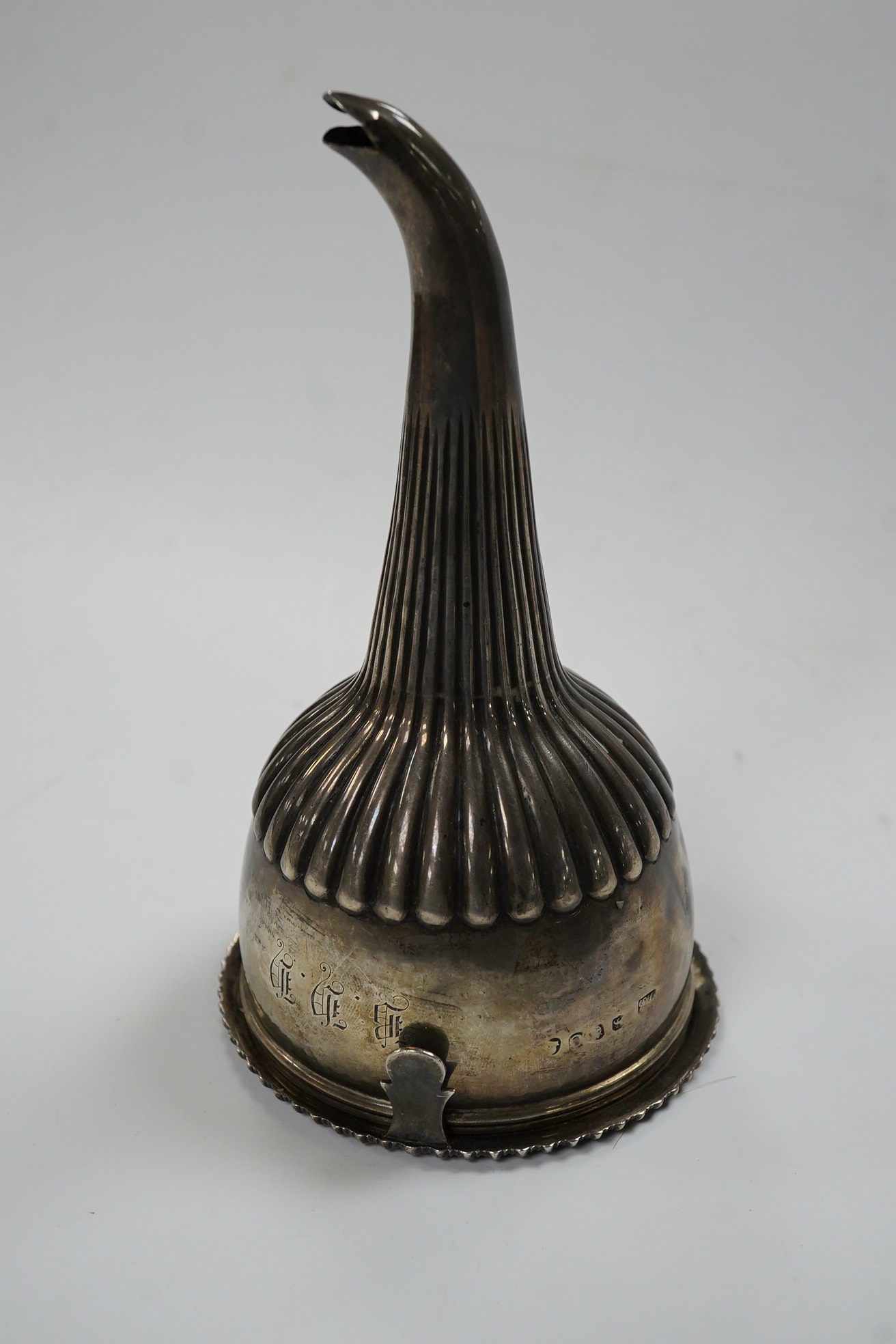 A late George III silver wine funnel, London, 1818, 14.3cm, repaired. Condition - poor